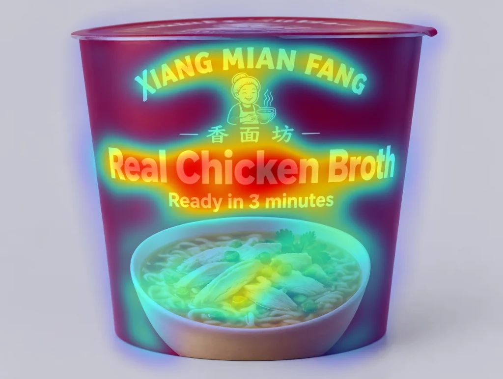 Attention heatmap over a fictional noodle pack