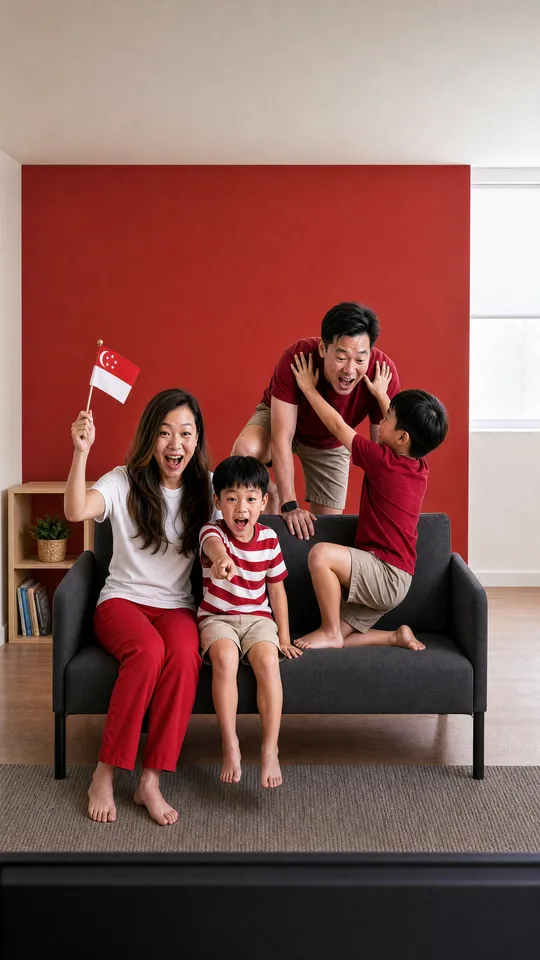 9:16 AI-generated frame: the family recomposed for the vertical format, with the flag and the whole family in view