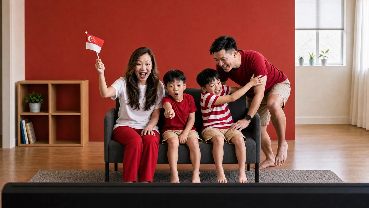 16:9 master photo: a family cheering on a sofa in a red living room, the mother waving a small national flag