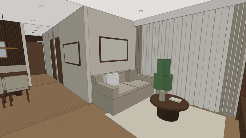 3D clay model of a living room with a sofa and round coffee table