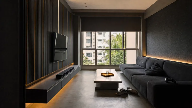 AI interior render in a Dark Industrial theme